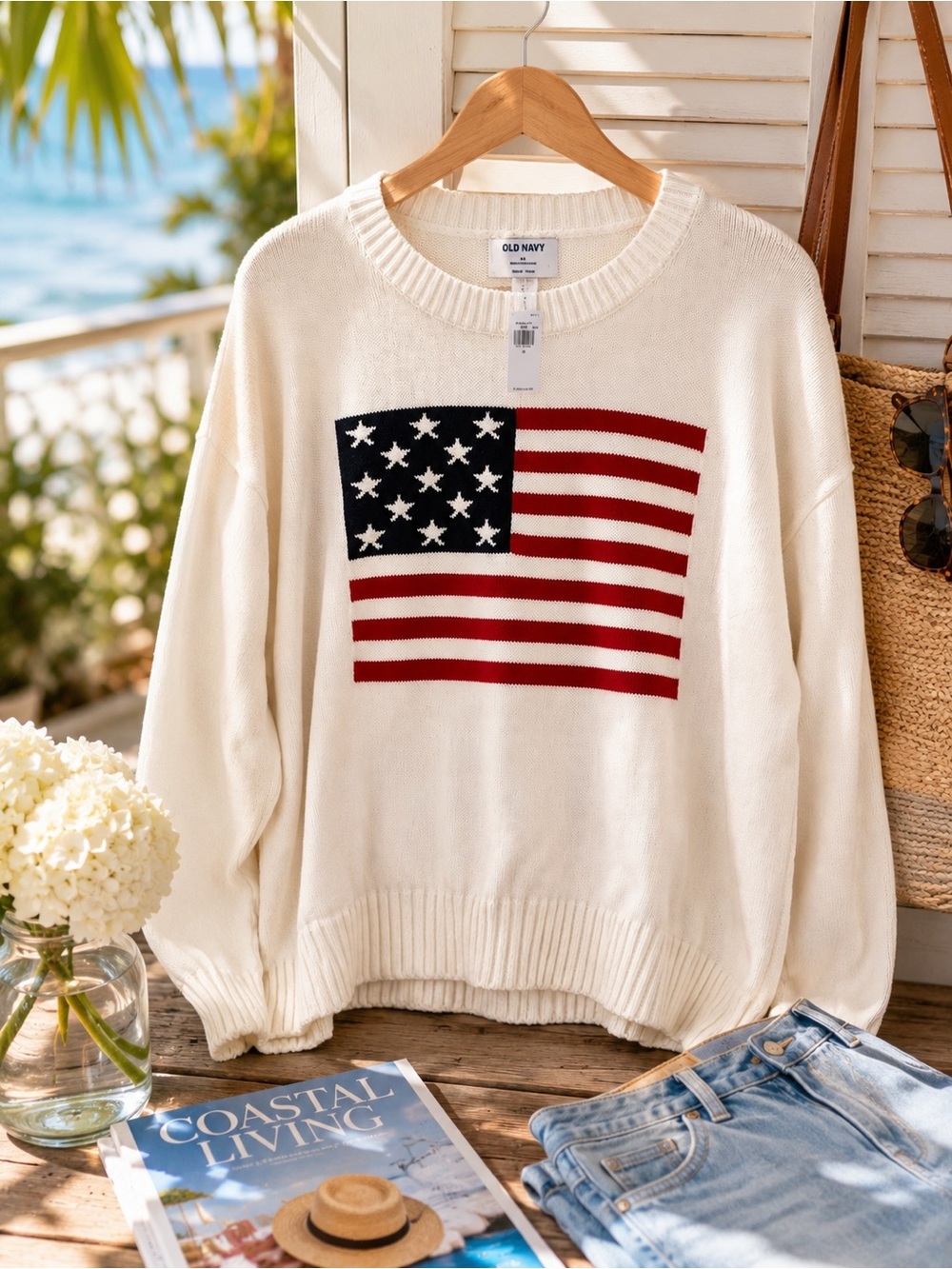Old Navy Women's White Flag Knit Sweater - Cream/Red/Blue